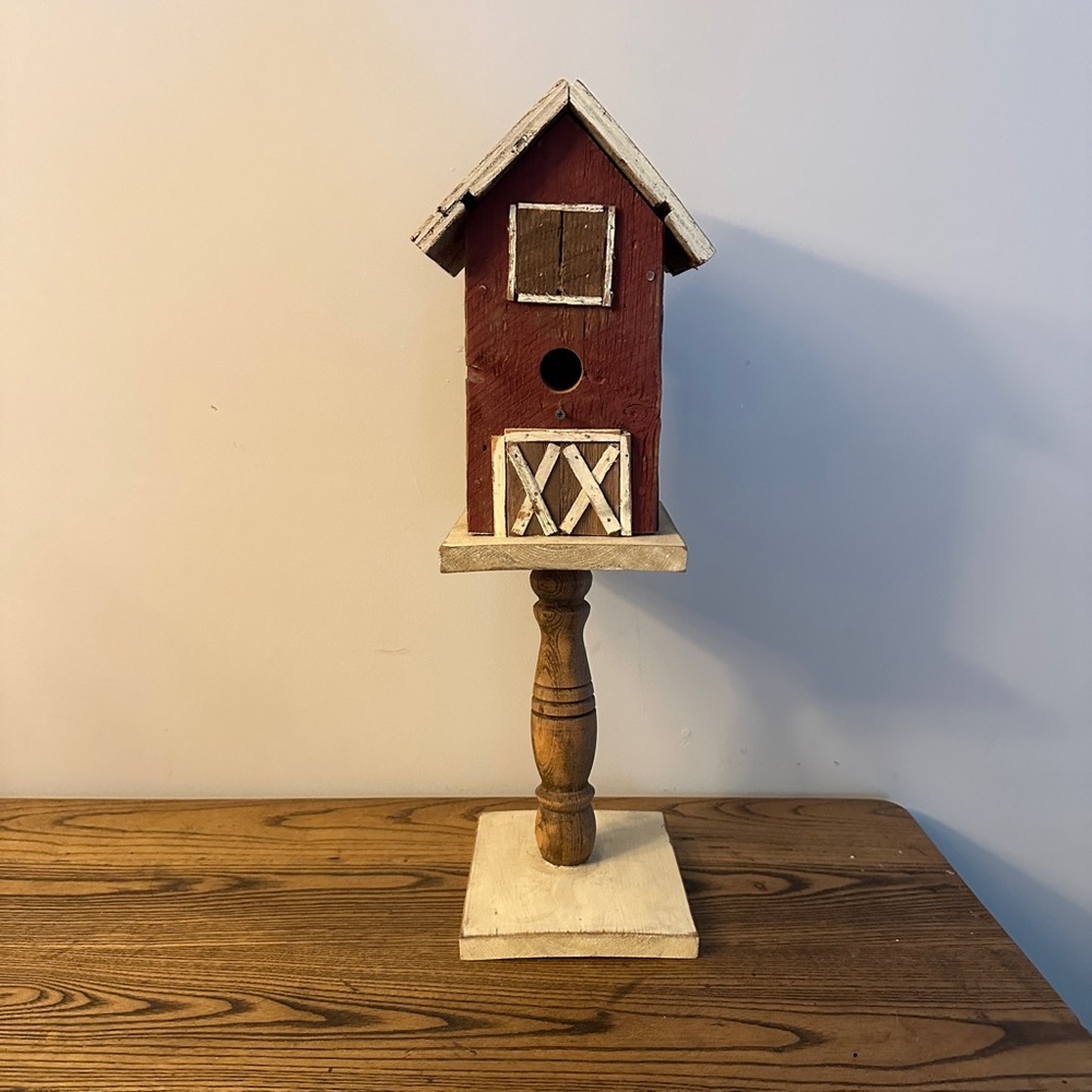 Vintage Handmade Red Farm Birdhouse on a pedestal stand. Made of solid wood.